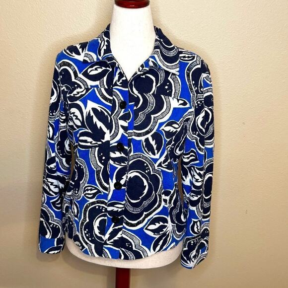 Chico's blue black & white floral long sleeve swing lined jacket Sz 1 US Med - Picture 1 of 11